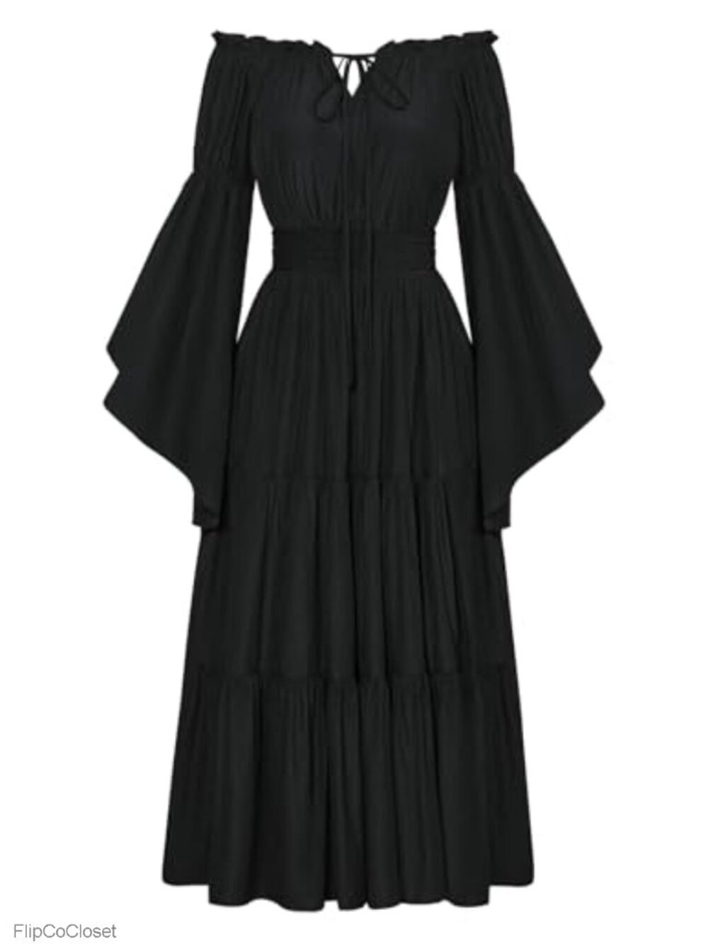 Renaissance Off Shoulder Maxi Dress, Cotton-Spandex Blend, Tiered Bell Sleeve,